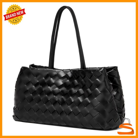 Vegan Leather Woven Tote Bag Magnetic Snap Closure Large Capacity Work Travel